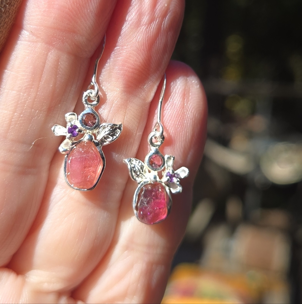 HOST PICK🎉🎊Pink Tourmaline Rhodalite & Amethyst Sterling & White Gold Earrings - Picture 7 of 11